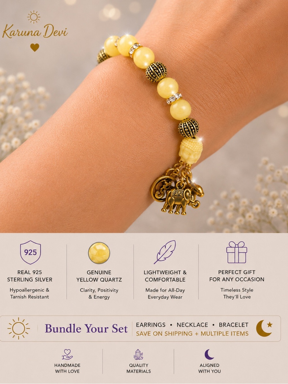 Quartz Genuine Stone Bracelet with Charms